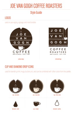Joe Van Gogh Coffee Roasters style guide with logos and icons