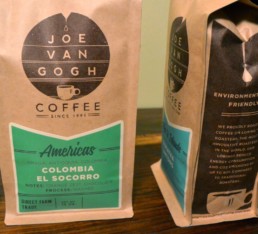 Joe Van Gogh coffee bags with labels