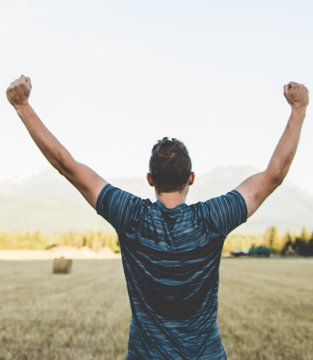 man from back with hands raised in victory looking at a harvested field