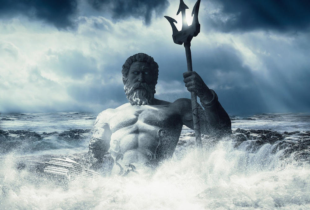 bust of Poseidon rising out of a foamy sea holding a trident