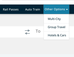 Amtrak's menu: Other Options menu is dropped down to reveal three options