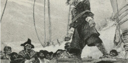 black and white etching of bound and blindfolded man being made to walk the plank of a ship