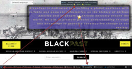 BlackPast marquee, with arrows showing how to use Firefox Dev Tools to see the contrast ratio of the text against the image