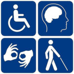 Disability symbols, white lines on blue backgrounds: wheelchair, brain, sign language, figure walking with a cane