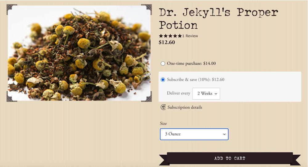subscribe and save 10% option on the product page for Dr. Jekyll's Proper Potion (loose tea)