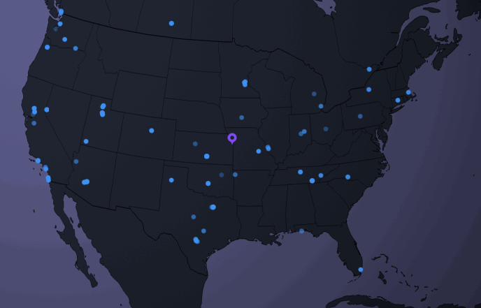 animated gif of a dark outline of the US with lights blinking on in various cities