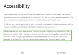 view of an accessibility statement with a disclosure about the customer portal accessibility indicated with a green outline