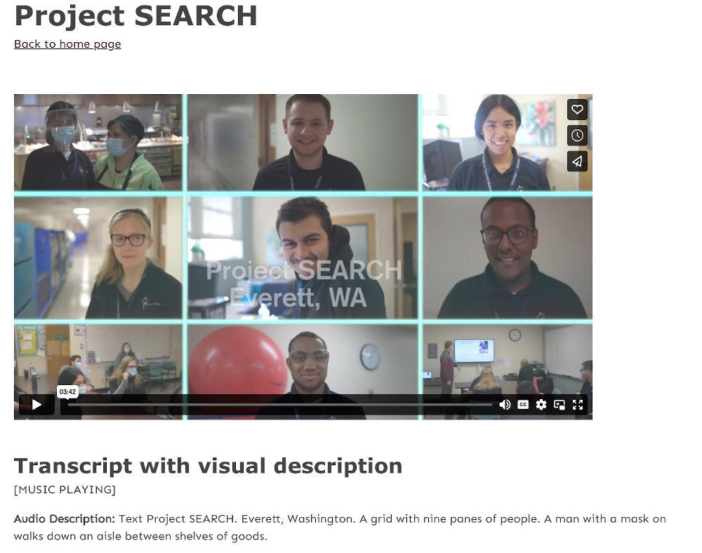 ProjectSEARCH video with a heading above, white background, and transcript with visual description below