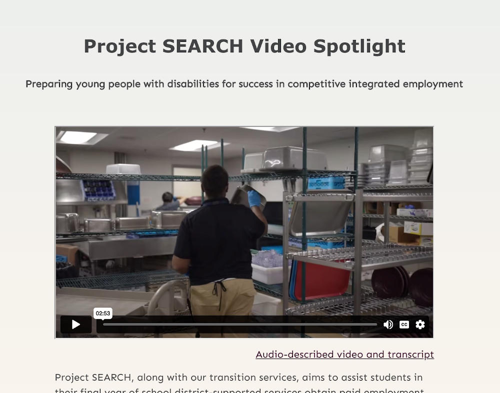 ProjectSEARCH video with a heading above, tan background, and link below to audio described version and transcript