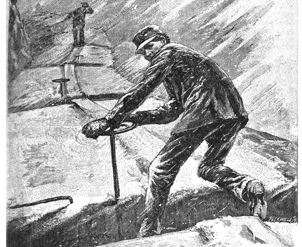 charcoal drawing of brakeman standing on top of a train adjusting a wheel