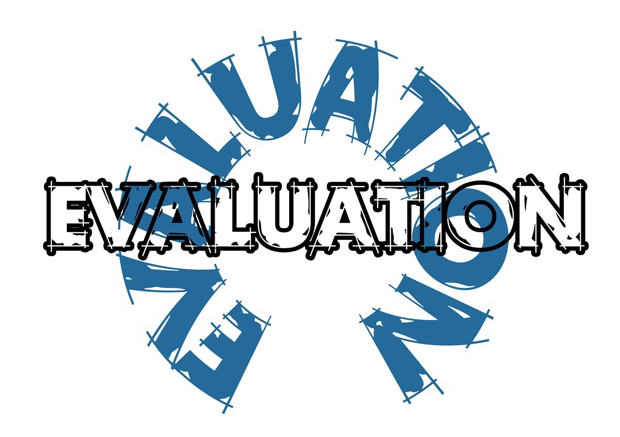 The word 'Evaluation' arranged in a circle with another word, 'Evaluation' overlaid on it