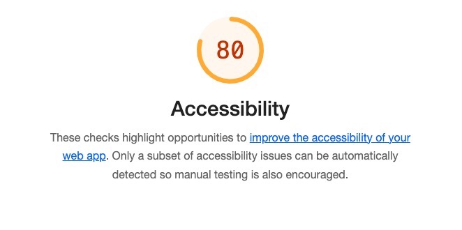 screenshot of Lighthouse accessibility scan with a score of 80