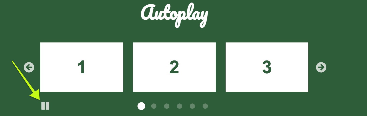 autoplay example of accessible slick slider by A360 with an arrow pointing at a pause button