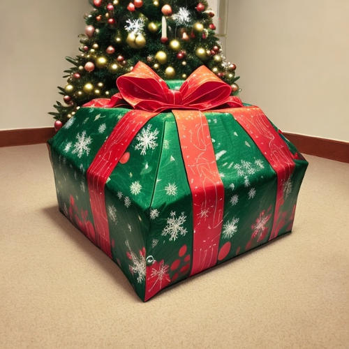 a large present in front of a Christmas tree