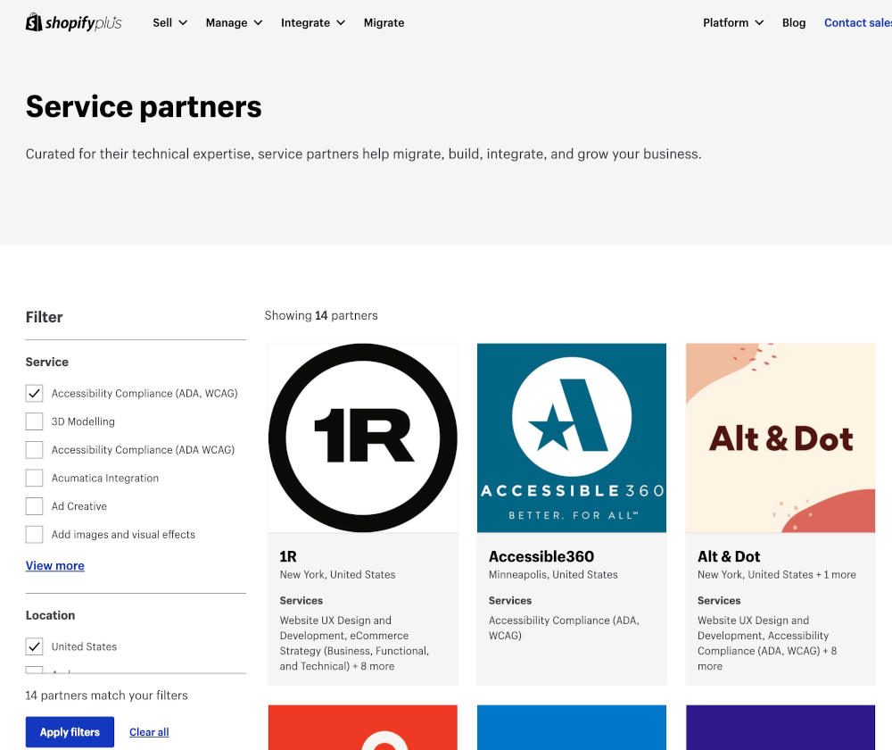 screenshot of Plus Partner Agency directory