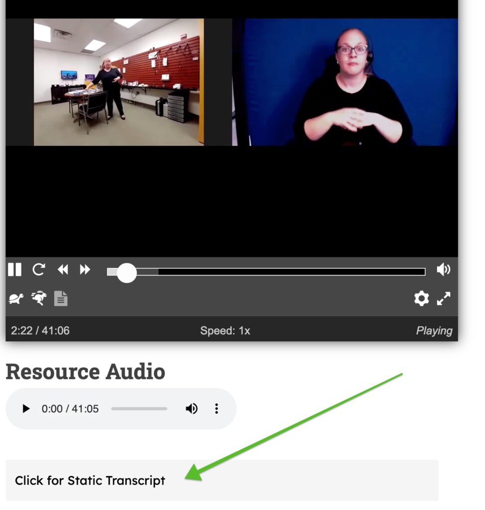 screenshot of video player with an accordion below it saying "Click for Static Transcript"