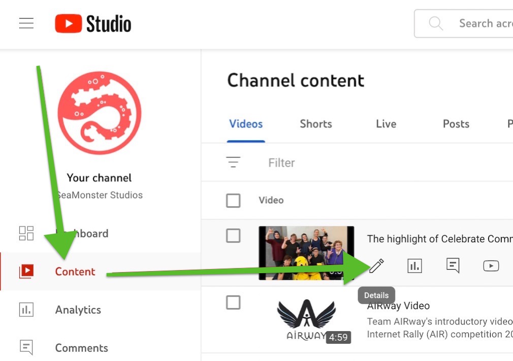 screenshot of YouTube studio, clicking on Content, then the video's pencil icon details button