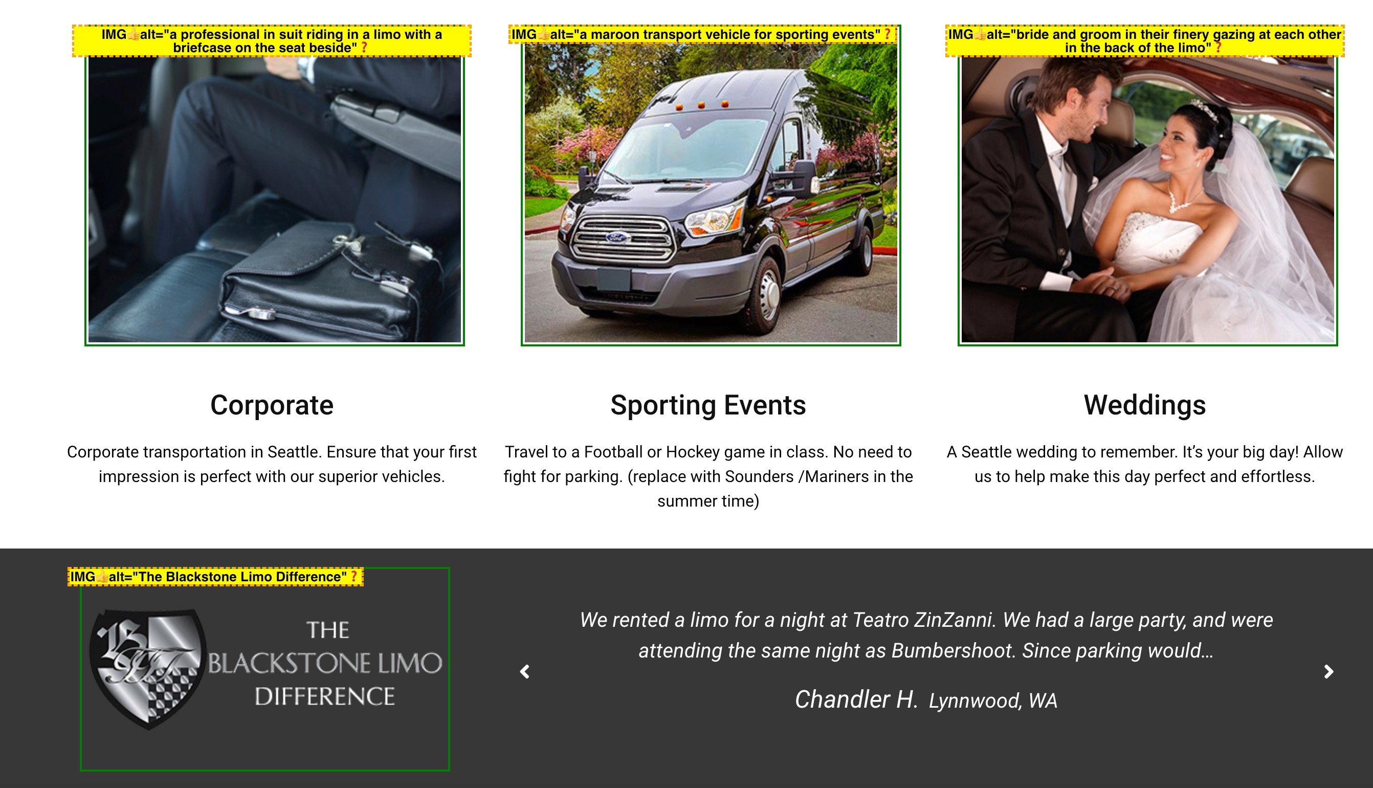 screenshot of Blackstone Limo site, alt text with yellow background superimposed over the images 