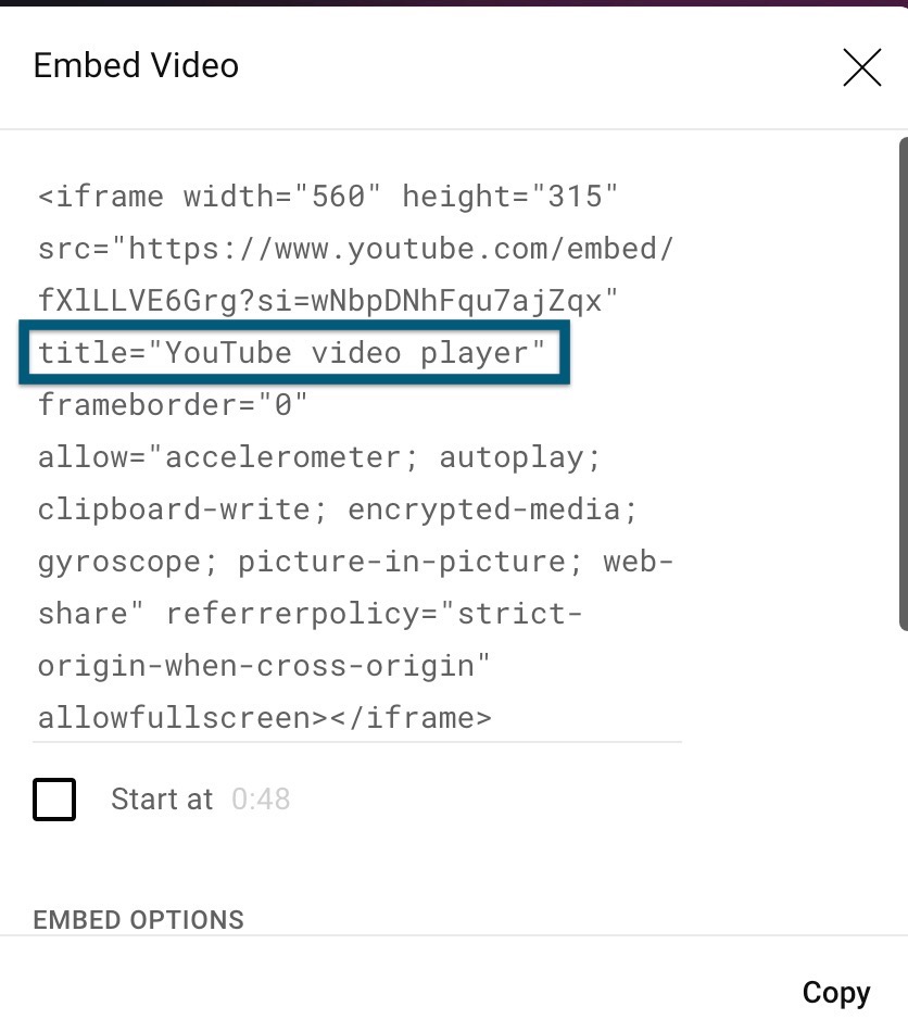 view of video embed code with outlined instance of title="YouTube Video Player"