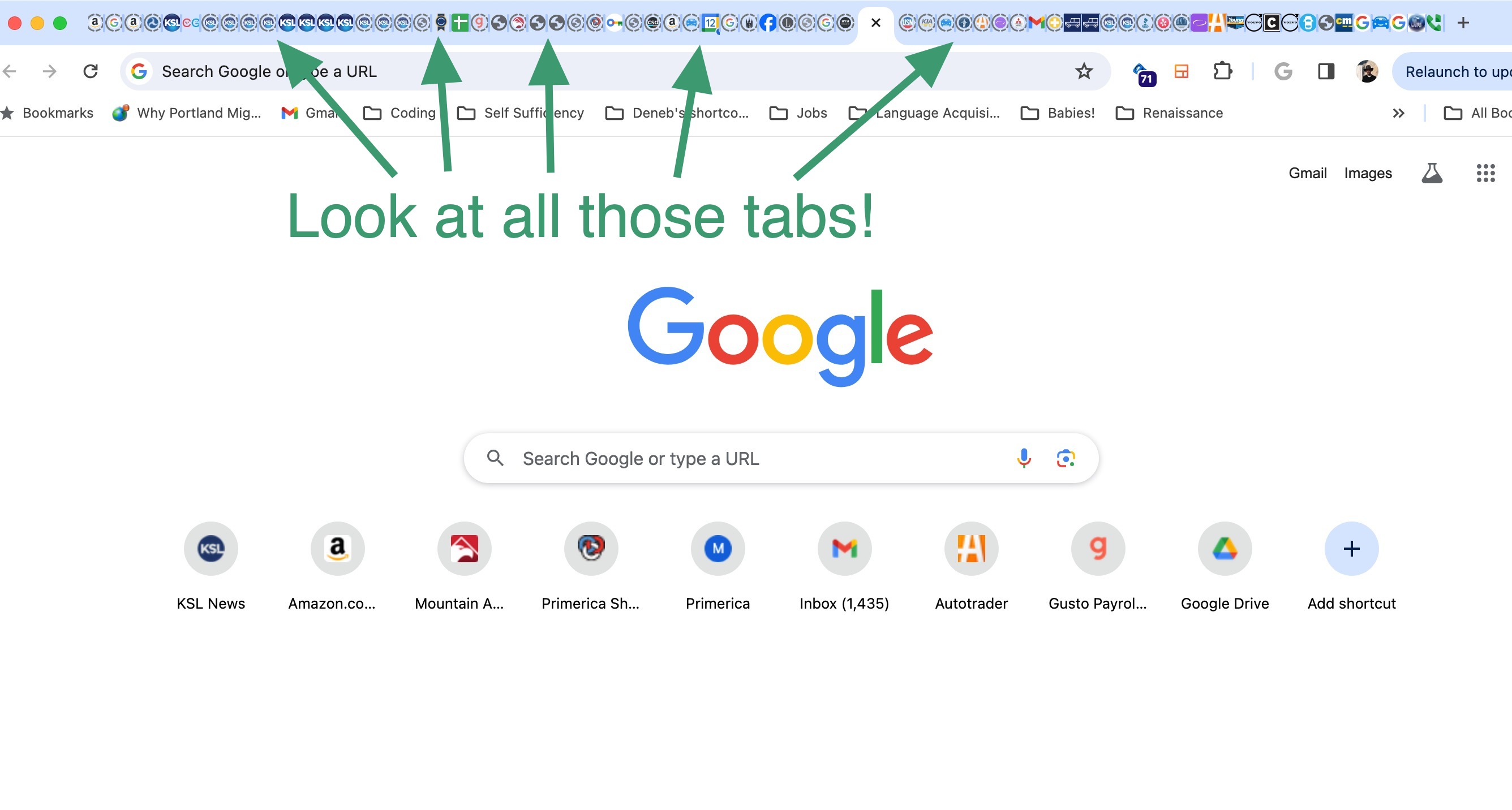 screenshot of Chrome browser with hundred of tiny tabs and arrows pointing to a few of them, commenting, "Look at all those tabs!"